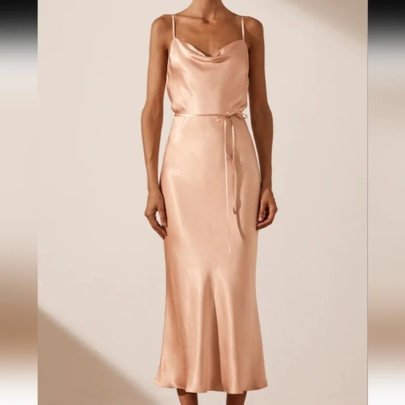 NWT SHONA JOY BIAS COWL DRESS WITH SPLIT AND WAIST TIE-DESERT ROSE